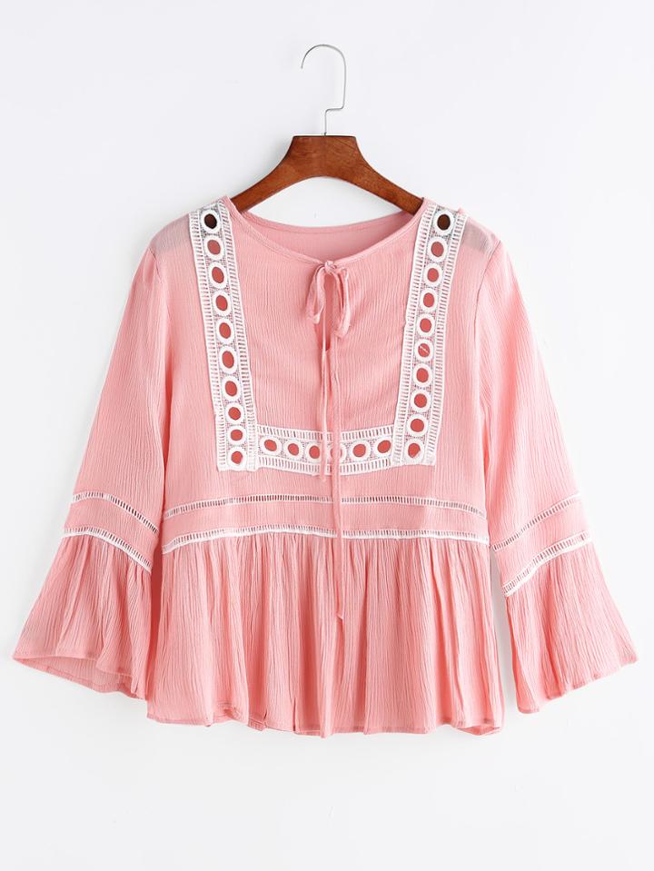 Romwe Tie Neck Bell Sleeve Lace Detail Crinkle Blouse