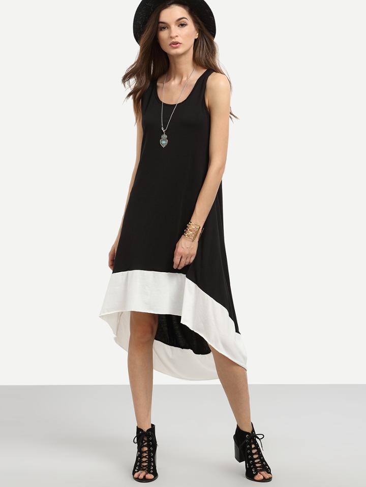 Romwe Black Contrast High Low Tank Dress