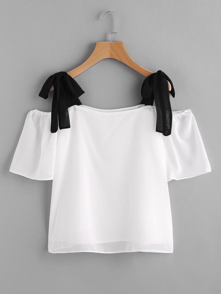 Romwe Contrast Tie Shoulder Chiffon Blouse