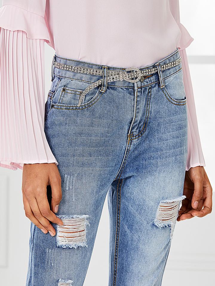 Romwe Double Row Rhinestone Skinny Belt