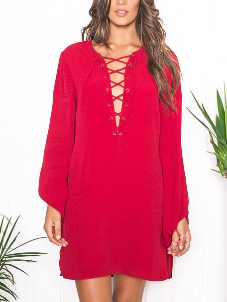 Romwe Long Sleeve Bandage Shift Red Dress