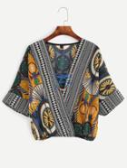 Romwe Multicolor Tribal Print Lace Up Surplice Front Blouse