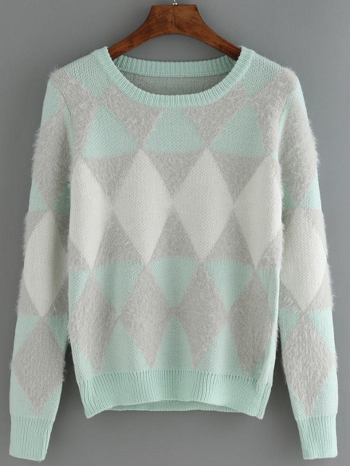 Romwe Geometric Patterned Mohair Green Sweater