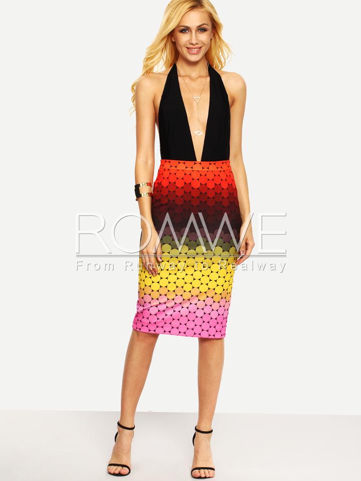 Romwe Color Block Knee Length Sheath Skirt