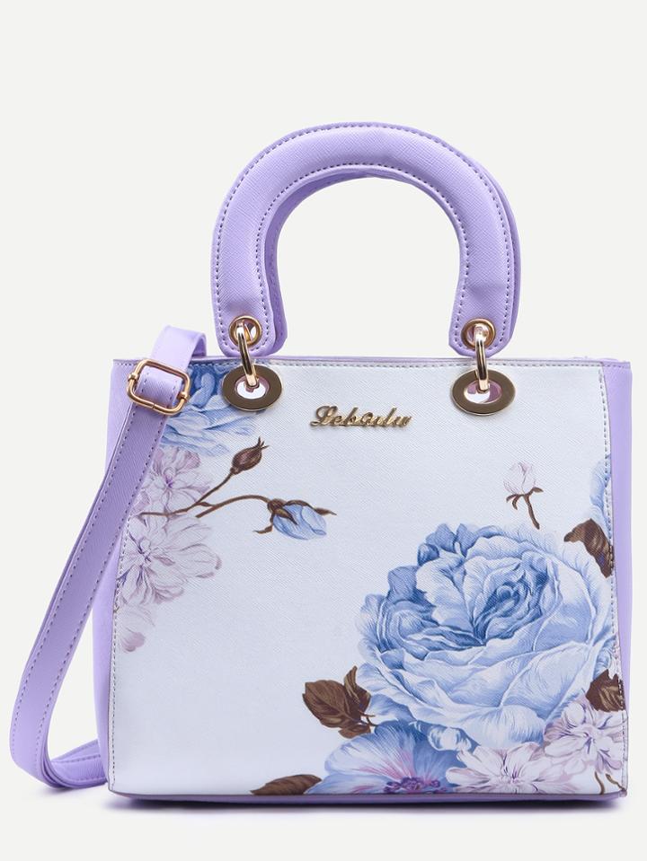 Romwe Contrast Flower Print Handbag With Strap