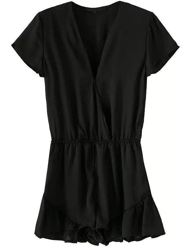 Romwe V Neck Short Sleeve Ruffle Black Jumpsuit