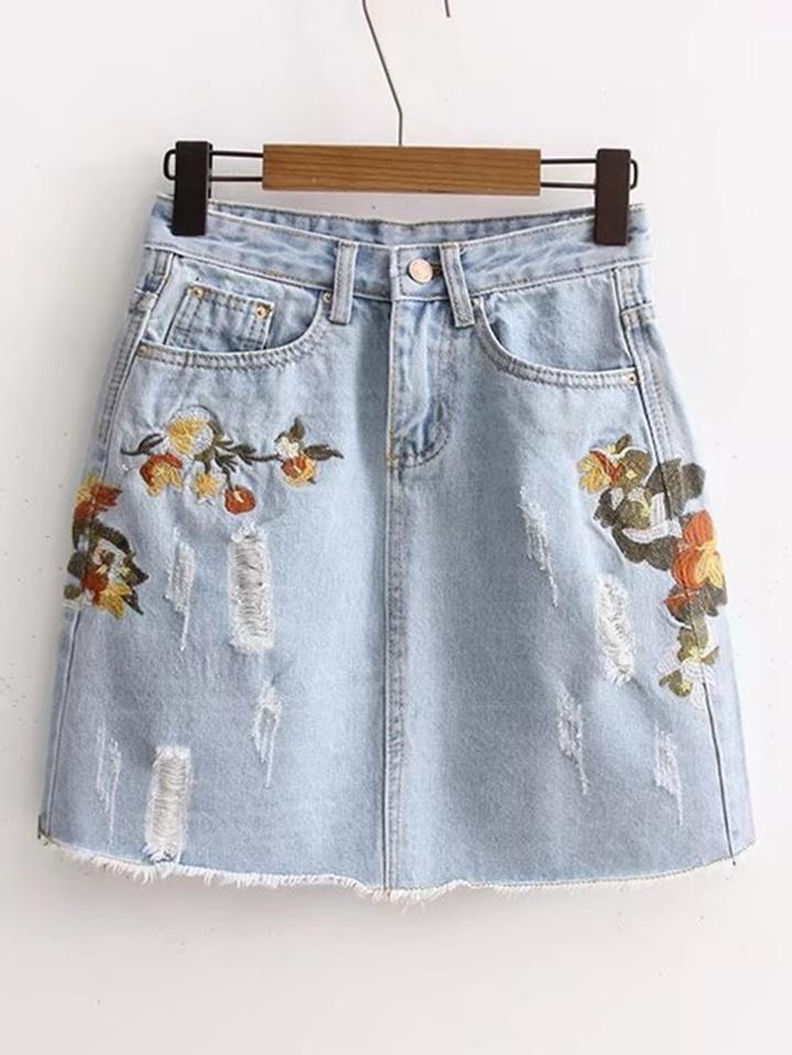Romwe Ripped Detail Embroidery Denim Skirt