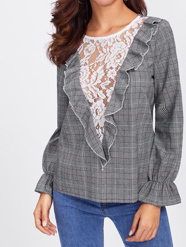 Romwe Contrast Lace Insert Ruffle Trim Plaid Top