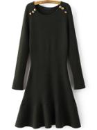 Romwe Army Green Button Detail A Line Dress