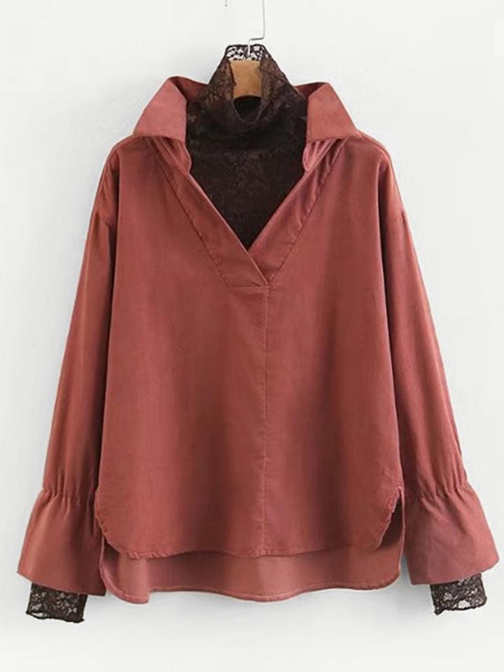 Romwe Lace Trim 2 In 1 High Low Blouse