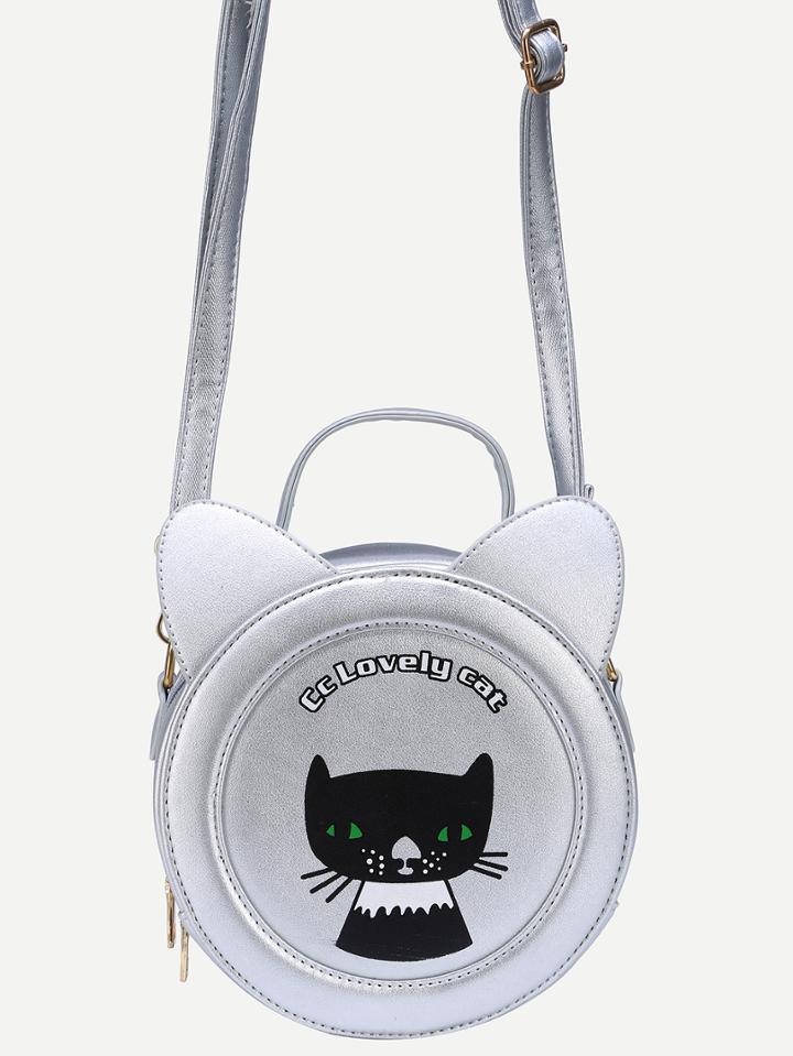 Romwe Cat Shaped & Print Crossbody Bag - Silver