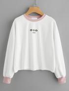 Romwe Contrast Trim Strawberry Embroidered Sweatshirt