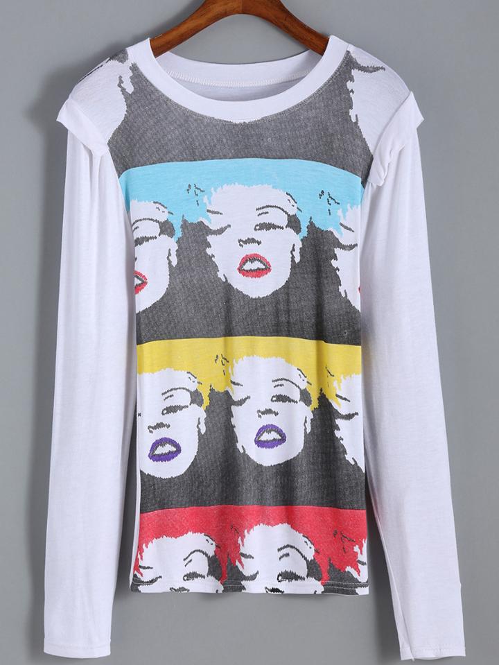 Romwe Long Sleeve Monroe Print T-shirt