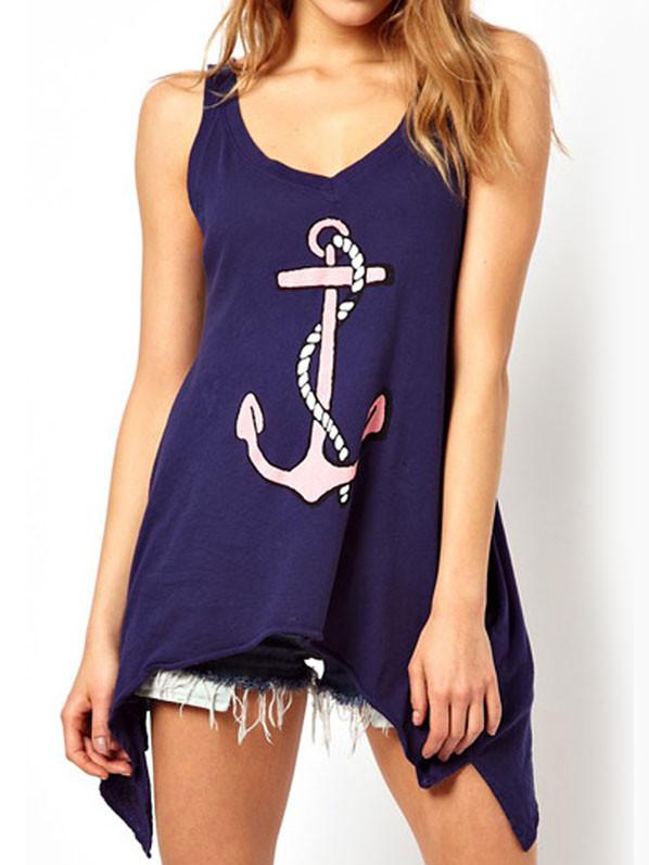 Romwe Navy V Neck Anchor Print Tank Top