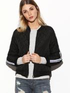Romwe Black Striped Trim Quilted Jacket
