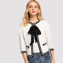 Romwe Tie Neck Pearl Embellished Blazer