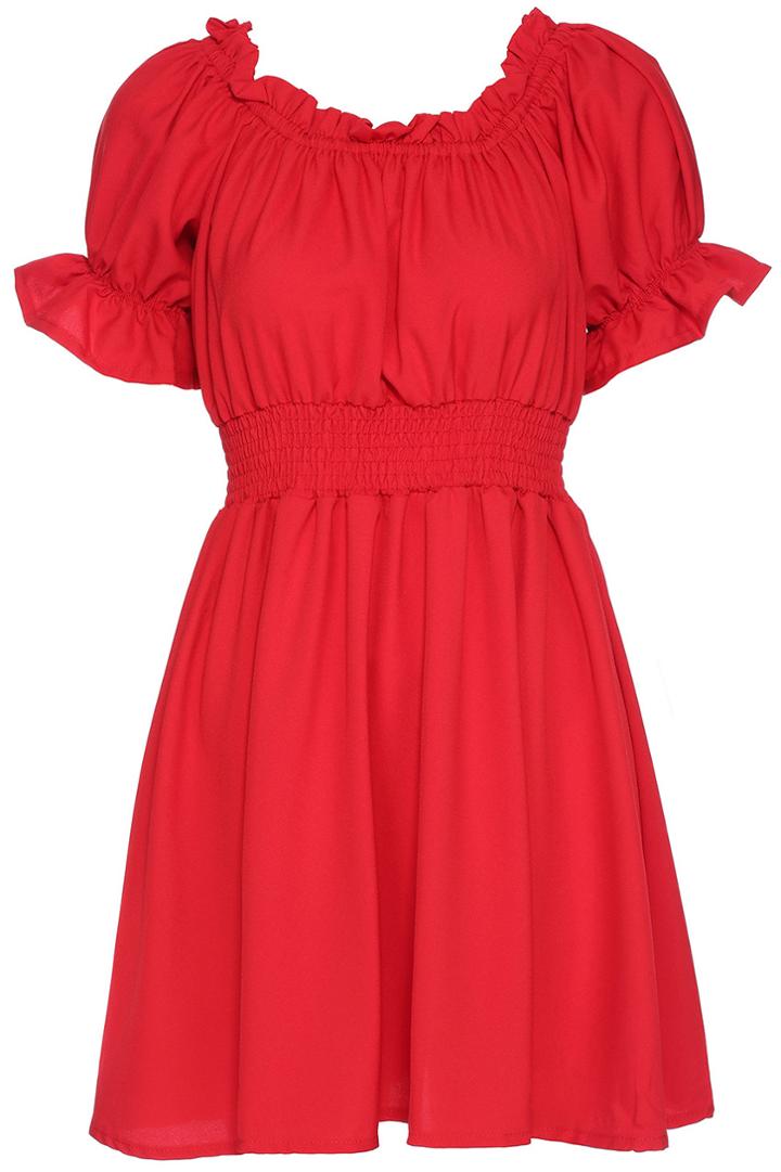 Romwe Romwe Elastic Pleated Short-sleeved Red Dress