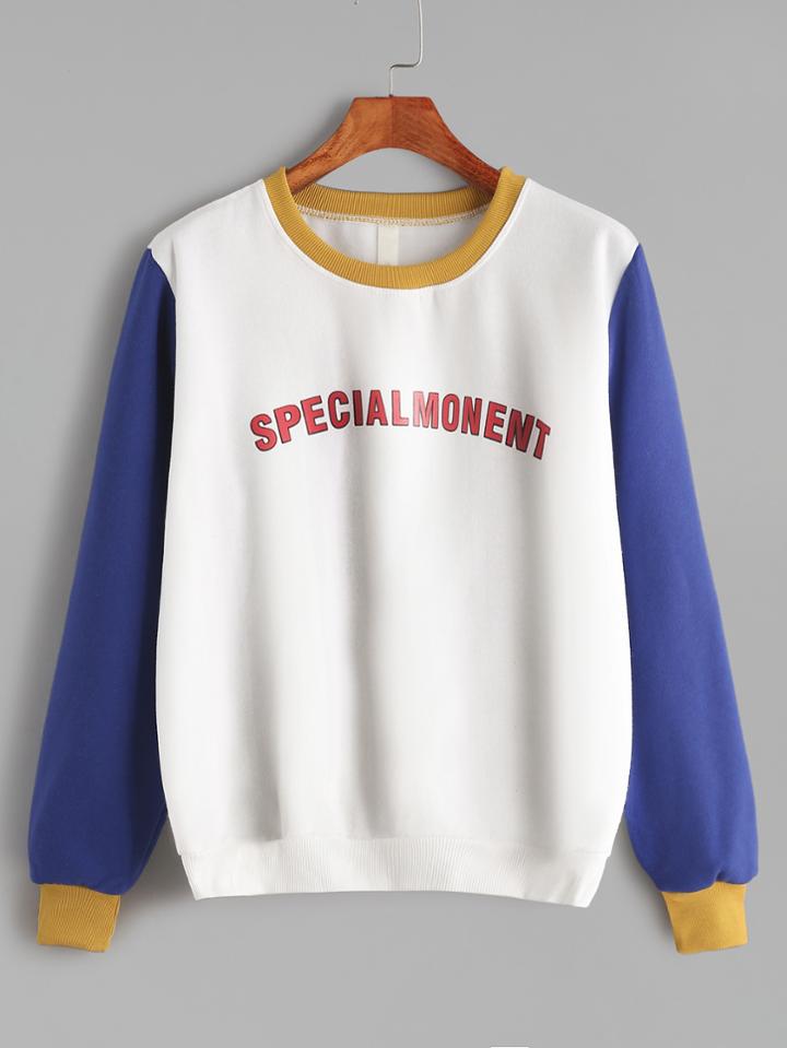 Romwe White Letter Print Contrast Sleeve Sweatshirt