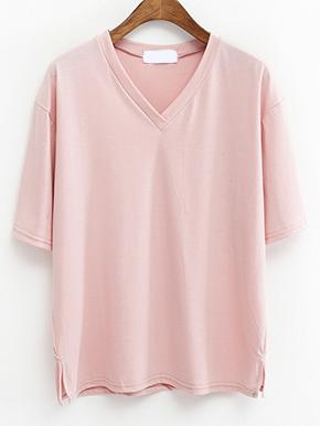 Romwe Pink V Neck Drop Shoulder T-shirt