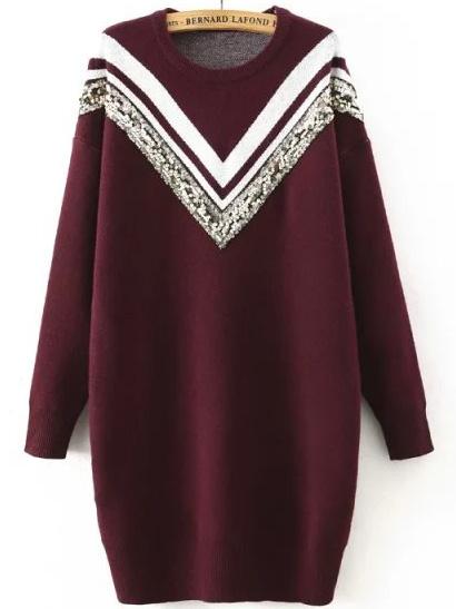 Romwe Dropped Shoulder Seam Chevron Print Sequined Burgundy Sweater Dress