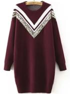 Romwe Dropped Shoulder Seam Chevron Print Sequined Burgundy Sweater Dress