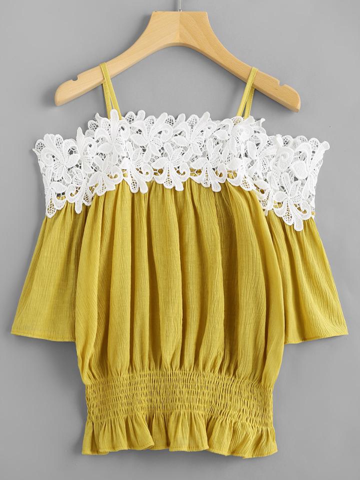 Romwe Open Shoulder Lace Trim Shirred Waist Pleated Blouse