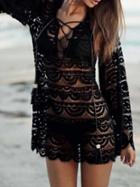 Romwe Bell Sleeve Lace Up Beach Black Dress