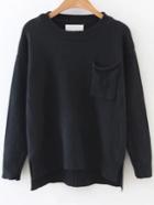 Romwe Black Ripped Dip Hem Sweater With Pocket