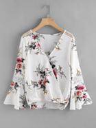 Romwe Botanical Print Lace Panel Surplice Top
