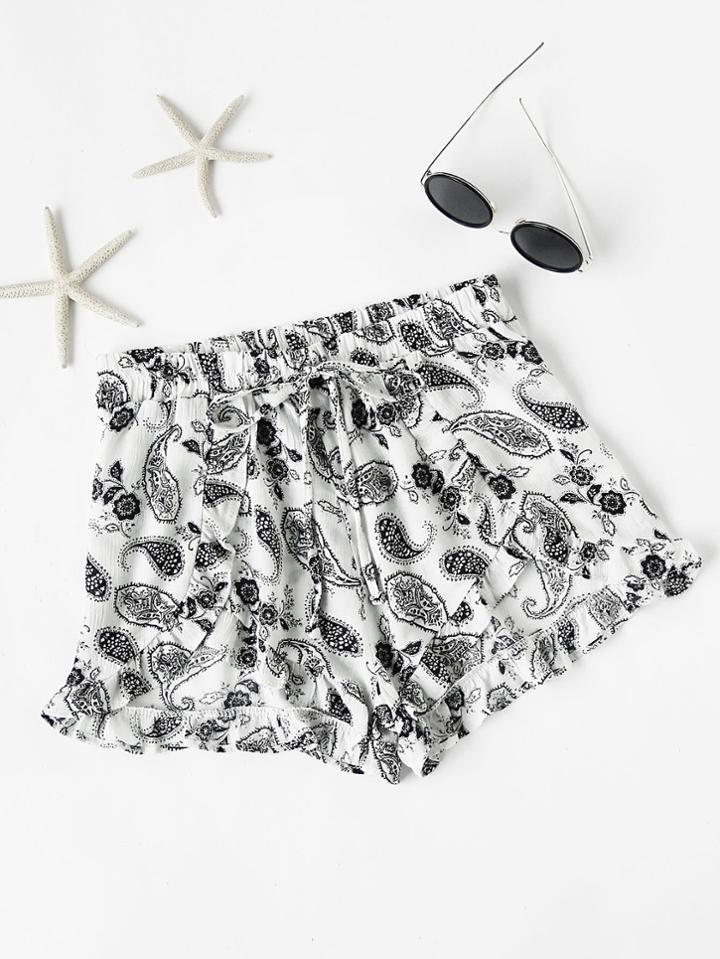 Romwe Cashew Print Random Drawstring Frill Hem Shorts