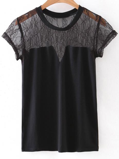 Romwe Black Cap Sleeve Lace Splicing Blouse