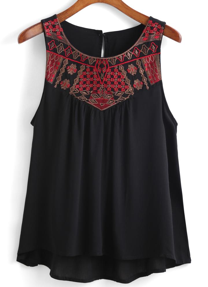 Romwe Dip Hem Embroidered Black Tank Top