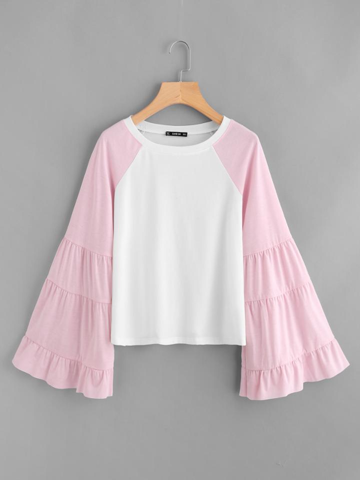 Romwe Contrast Tiered Bell Sleeve T-shirt