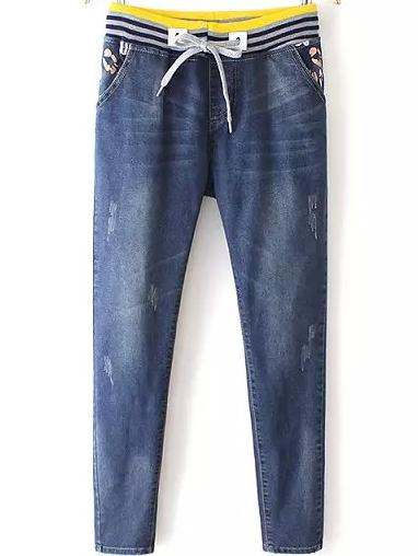 Romwe Elastic Waist Striped Scratch Denim Pant