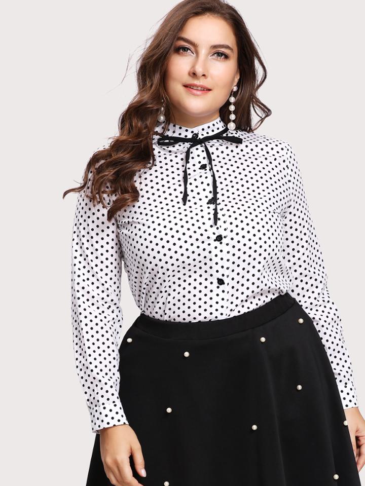 Romwe Frill Trim Bow Tie Detail Spot Shirt