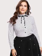 Romwe Frill Trim Bow Tie Detail Spot Shirt