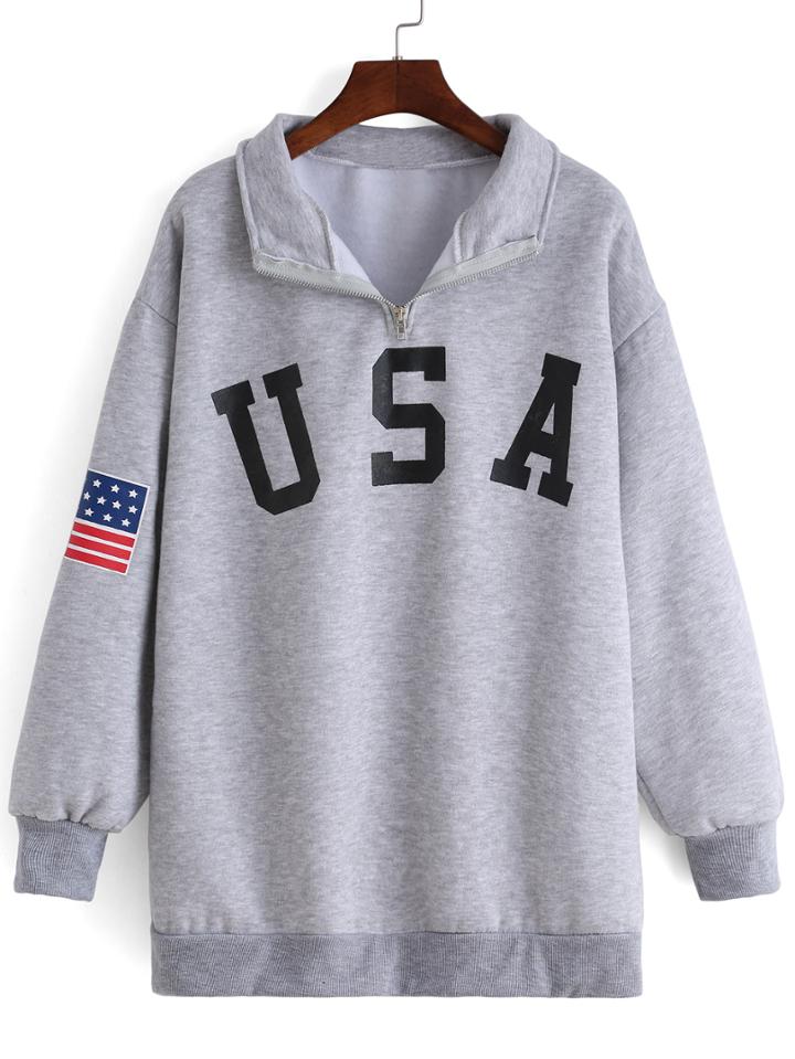 Romwe Lapel Zipper Flag Print Loose Grey Sweatshirt
