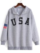 Romwe Lapel Zipper Flag Print Loose Grey Sweatshirt
