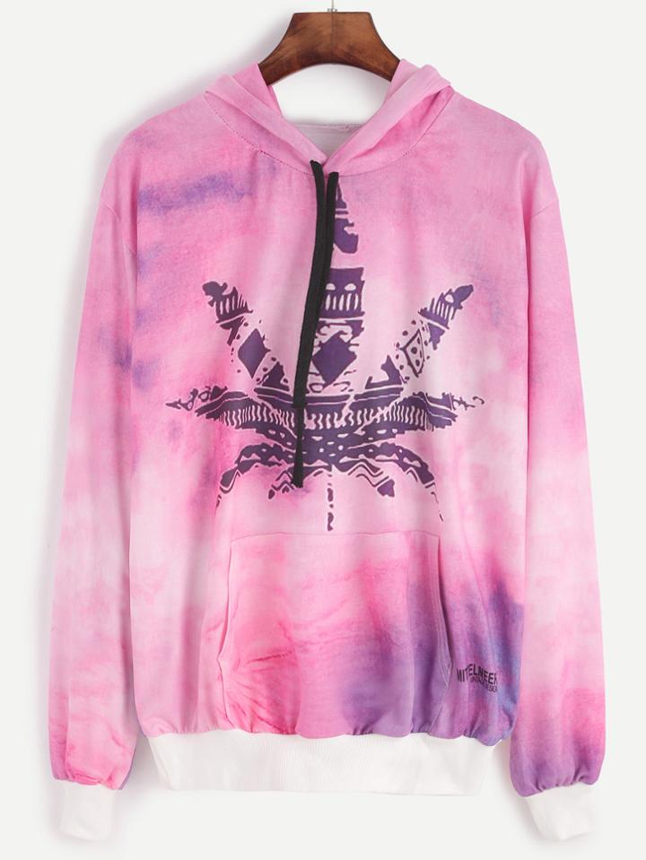 Romwe Leaf Print Drawstring Hooded Pocket Sweatshirt