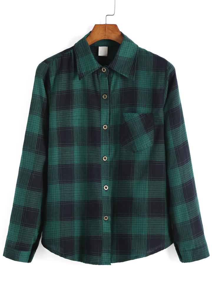 Romwe Lapel Plaid Pocket Green Blouse