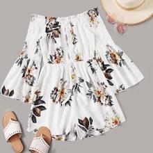 Romwe Floral Print Lace Panel Shirred Romper