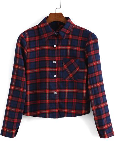 Romwe Red Blue Lapel Long Sleeve Plaid Crop Blouse