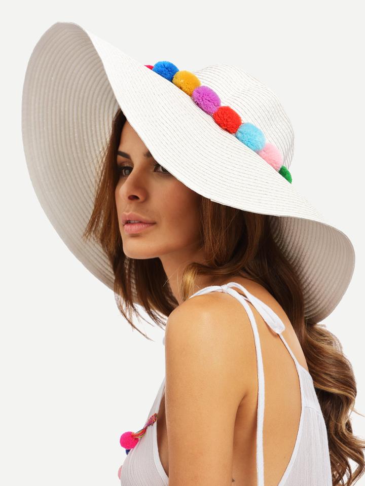 Romwe White Vacation Pom-pom Large Brimmed Straw Hat