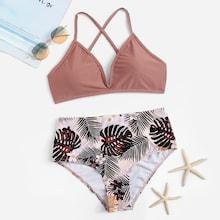 Romwe Criss Cross Top With Random Tropical Bikini