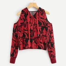 Romwe Camouflage Open Shoulder Hoodie
