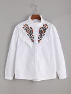 Romwe White Ruffle Trim Embroidered Shirt
