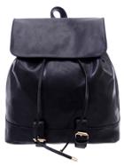 Romwe Black Faux Leather Drawstring Flap Backpack