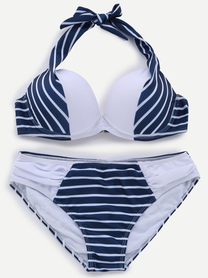 Romwe Contrast Stripe Halter Bikini Set