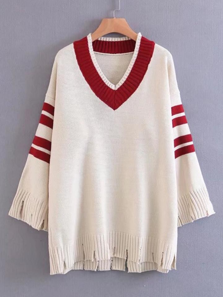 Romwe Striped Sleeve Slit Longline Sweater