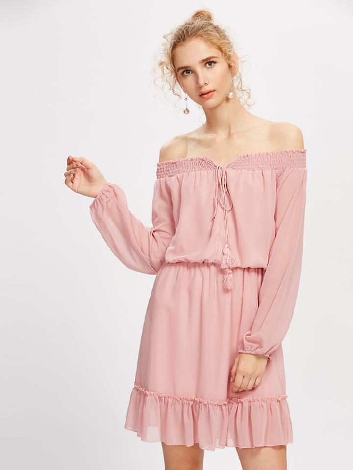 Romwe Bardot Tassel Tie Frill Hem Dress